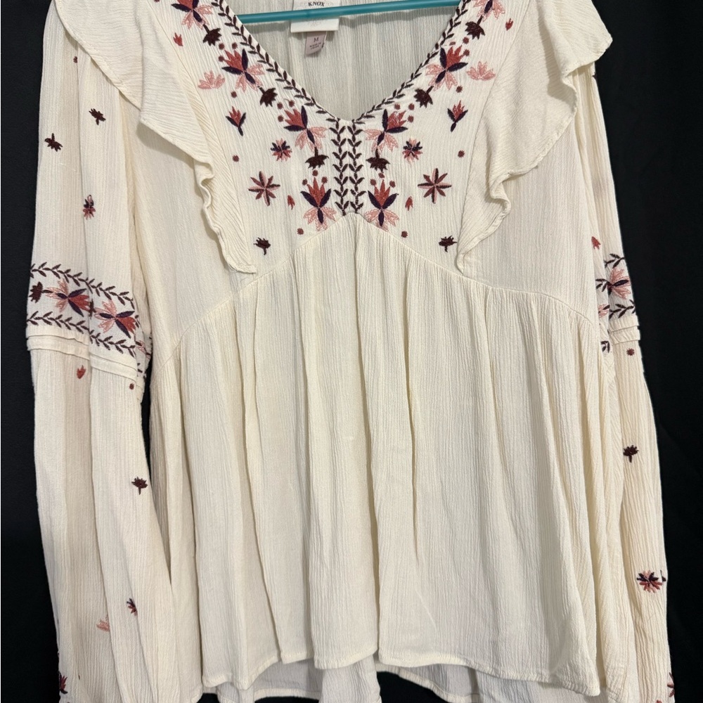 Knox Rose Ivory Blouse with Floral Embroidery